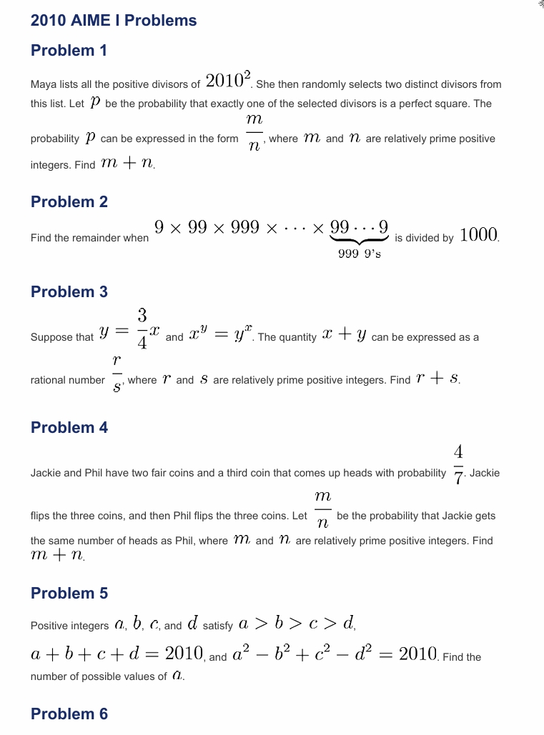 2010年 AIME I 数学邀请赛真题